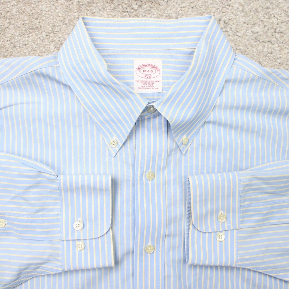 Brooks Brothers 346 Shirt Men 18, 4/5 Blue/Yellow Regular Fit Non-Iron Cotton LS